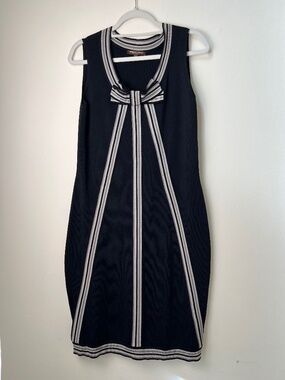 Adrienne Vittadini Black Knit Dress Sleeveless Bow Neck Striped Trim Size L